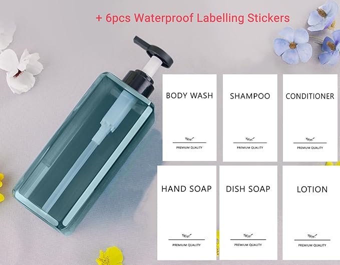 Abriclo Shampoo and Conditioner Dispensers 25OZ Refillable Large Shower Bottles 2Pack Hand Soap Dish Soap Dispenser with Waterproof Labels Square Pump Bottle for Bathroom and Kitchen- Blue, 750ml