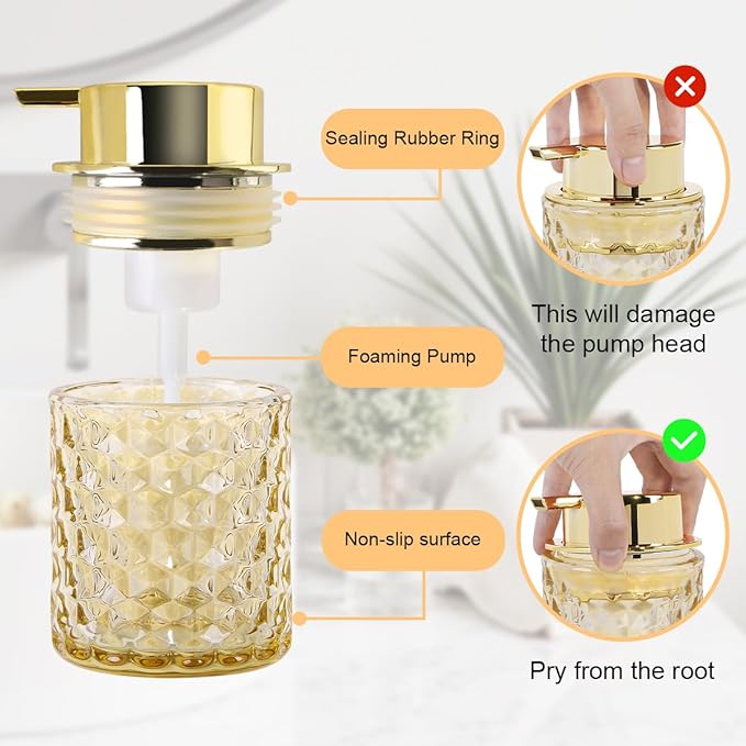 Fvstar 10 Oz Glass Hand Soap Dispenser with Pump, Refillable Bathroom Gold Foaming Soap Dispenser, Vintage Glass Diamond Lotion Container Bottle for Bathroom and Kitchen (1, Amber and Gold)