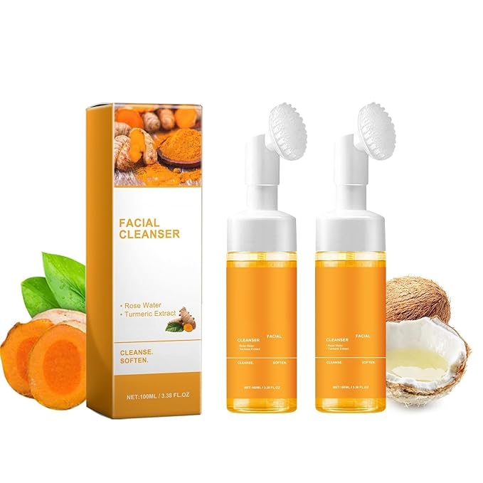 Yaper 2 Pcs Turmeric Brightening Facial Cleanser,Deep Cleansing Glow Wash Turmeric Face Foaming Wash with Brush for All Skin.