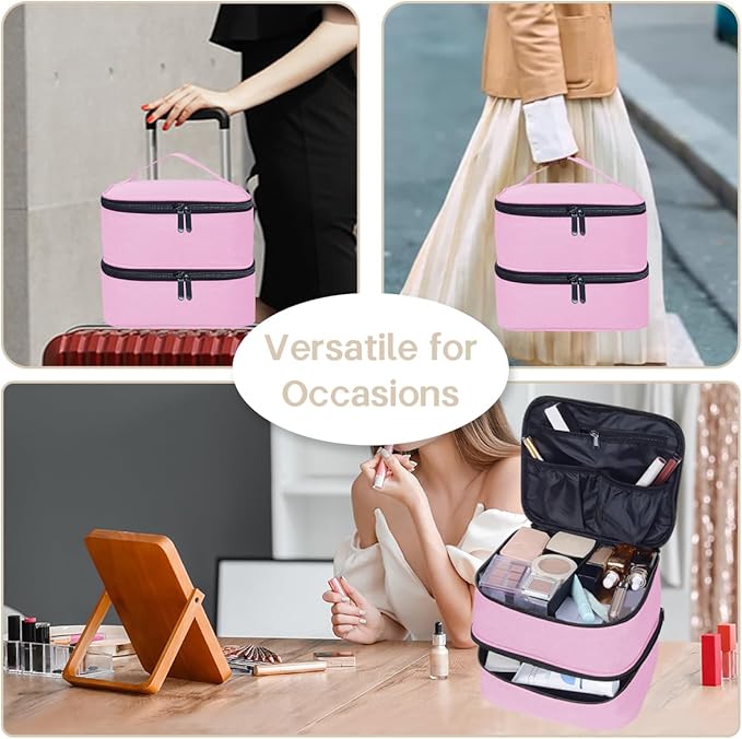 TANPADUAJI Double Layer Makeup Bag Portable Large Cosmetic Case Organizer with Adjustable Dividers Storage Travel Bag for Accessories Brushes Conditioner and Skin Care Products (Pink)