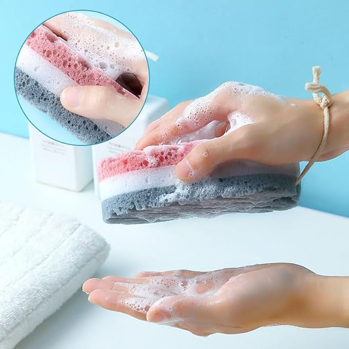 4pcs Three Layer exfoliating Bath Sponge with Hanging Rope and Rich Foam