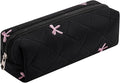 HHQQWZ Cute Floral Cotton Makeup Brush Cosmetic Bag for Women, Travel Quilted Zipper Make Up Bag, Flowers Toiletry Organizer Case Kawaii Makeup Cosmetic Travel Cloth Pouch (Black)