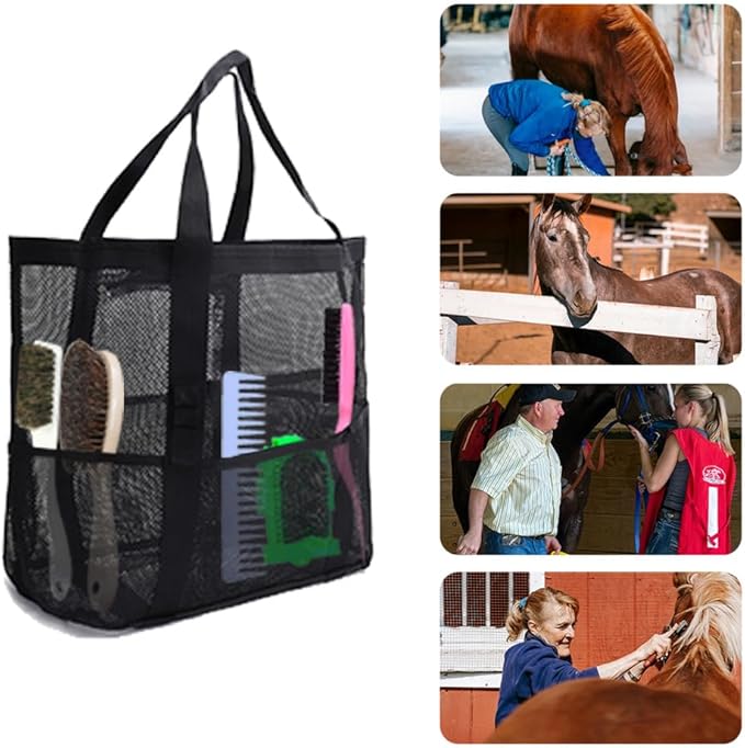 Smanllan Horse Grooming Organizer Bag,8 Pockets Waterproof Horse Grooming Tote Bag with Mesh (Black)