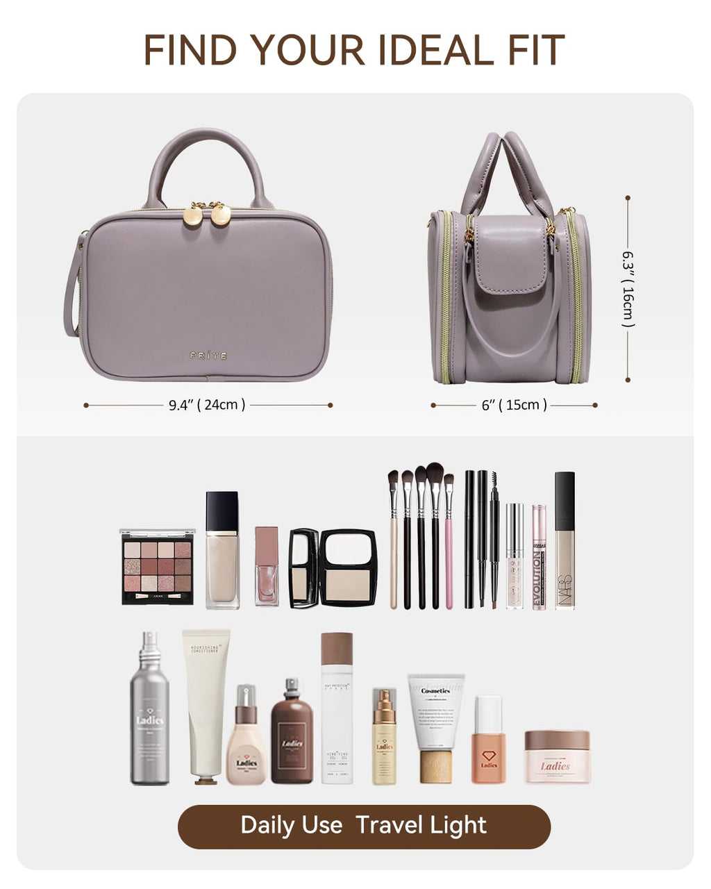Prite Large Makeup Bag, Waterproof Travel Cosmetic Case with Brush Holder