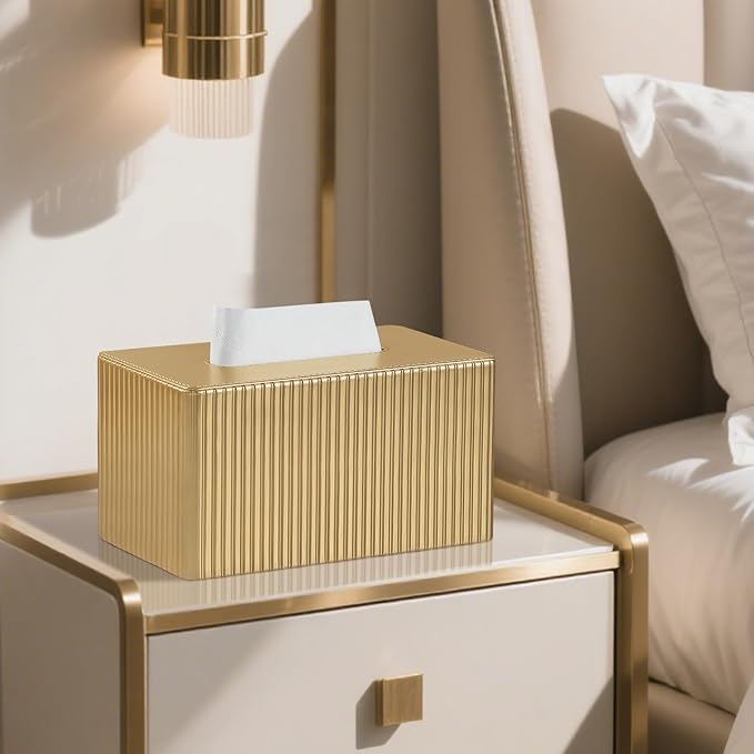 MEIBOOCH PU Leather Tissue Box Cover Square, Cube Tissue Box Holder with Magnetic Closure, Decorative Tissue Holder for Bathroom Bedroom Office (Gold, Rectangle Height of 4.7 in)