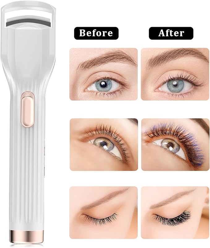 Heated Eyelash Curler Premium PRO - Fast Heat up in 8s - 24 Hours Long Lasting - Rechargeable Electric Eyelash Curler with Type-C, Innovative L Silicone, 2 Heat Modes, Anti-Burn Eyelid, White-FC