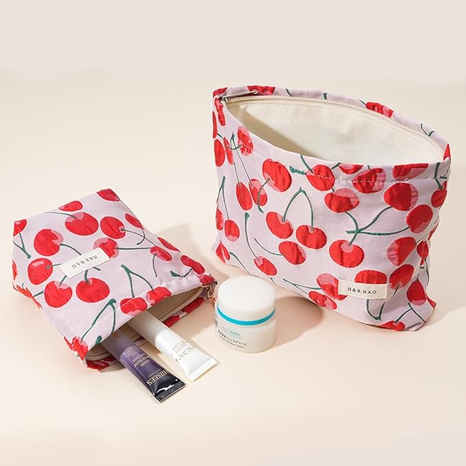 BOCGRPU Make up Bag 2 Piece Set, Aesthetic Cherry Print Cosmetic Travel Bag for Purse, Cute Vintage Floral Toiletry Pouch, Lightweight Spacious Skincare Organizer Gifts for Women Girls