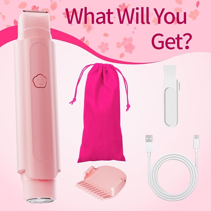 Bikini Trimmer for Women - 2 in 1 Women Electric Razor, Rechargeable Body Hair Trimmer and Facial Hair Remover, IPX7 Waterproof Wet & Dry Use Womens Electric Shaver for Bikini Underarm Leg Arm Body