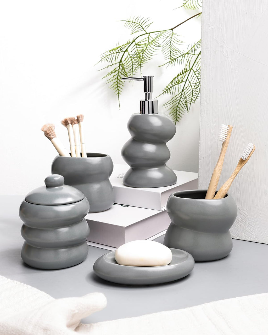 Bathroom Accessory Set 5PCS, Ceramic Bathroom Accessories Set, Irregular Shape Small Bathroom Sets Accessories Complete, Home Apartment Minimalist Decor Vanity Countertop, ANTIS'S HOME (Grey)