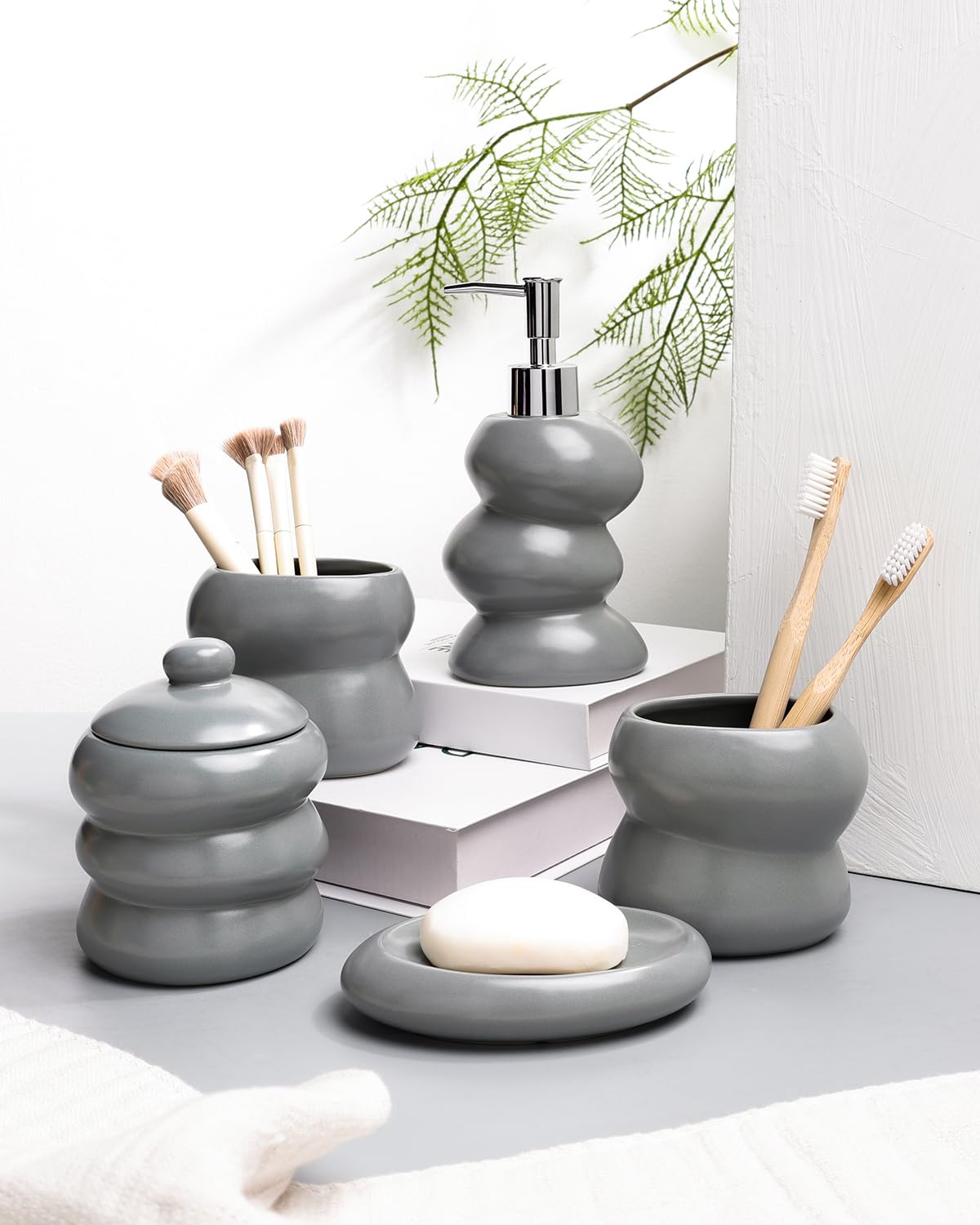 Bathroom Accessory Set 5PCS, Ceramic Bathroom Accessories Set, Irregular Shape Small Bathroom Sets Accessories Complete, Home Apartment Minimalist Decor Vanity Countertop, ANTIS'S HOME (Grey)