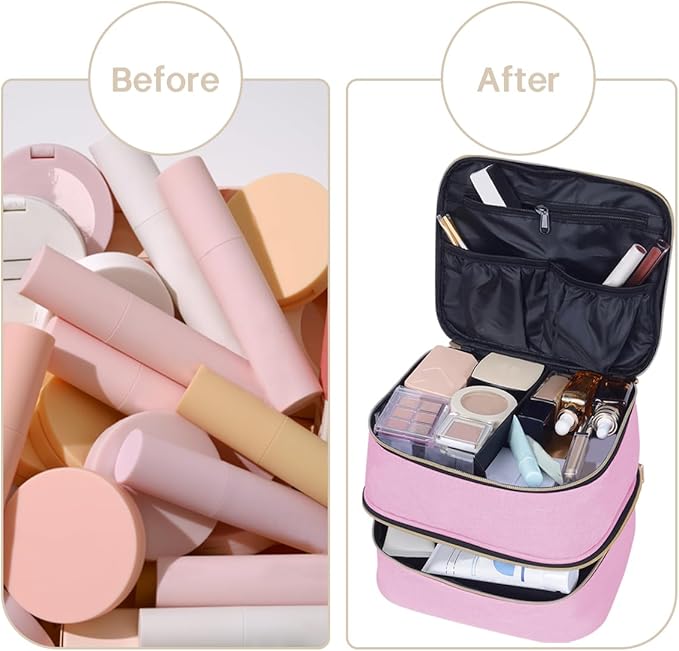 TANPADUAJI Double Layer Makeup Bag Portable Large Cosmetic Case Organizer with Adjustable Dividers Storage Travel Bag for Accessories Brushes Conditioner and Skin Care Products (Pink Gold)
