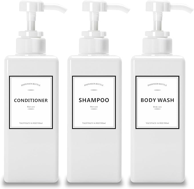 YACEYACE 16.9oz Set of 3 White Shower Dispensers with Labels, Refillable for Shampoo, Conditioner, Body Wash