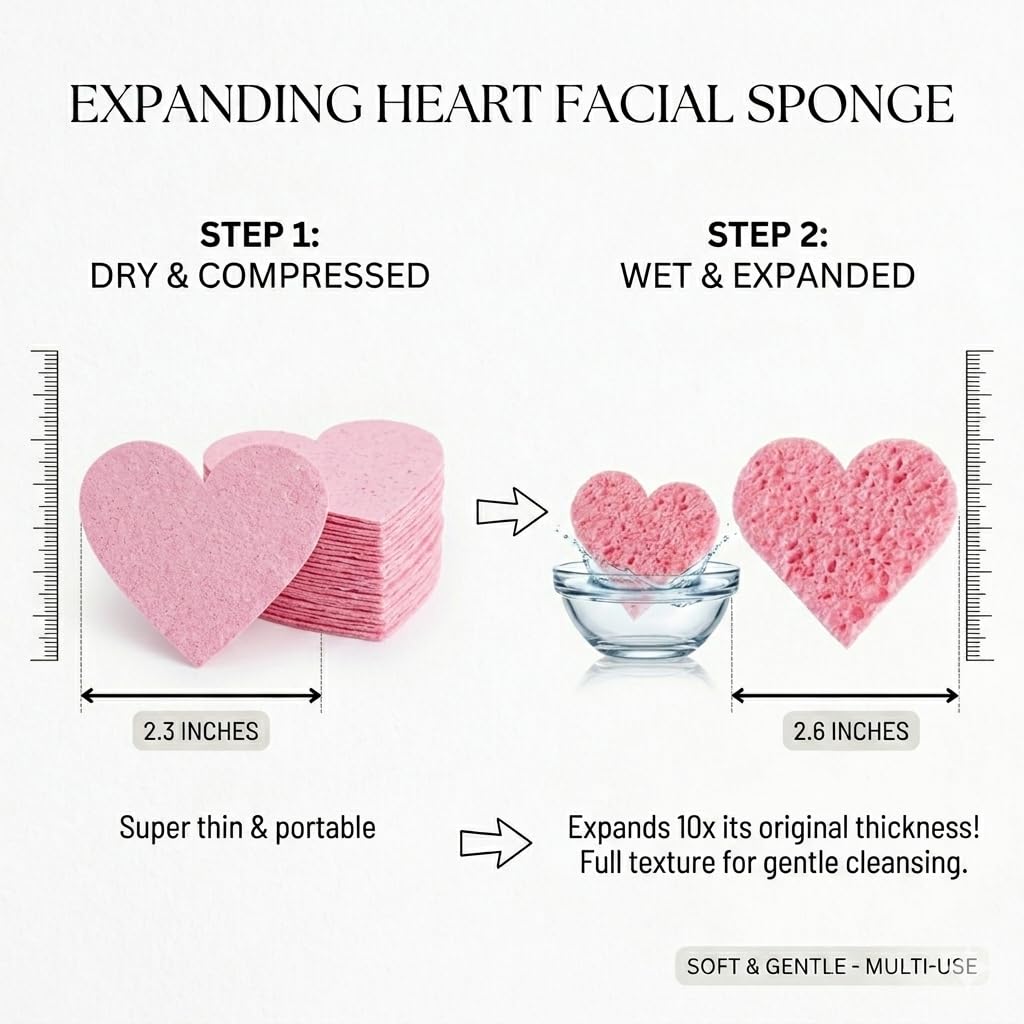 60-Count Compressed Facial Sponges | Makeup Remover Sponge | 100% Natural Cosmetic Spa Sponges for Facial Cleansing | Exfoliating Mask | Face Scrubber (Heart)
