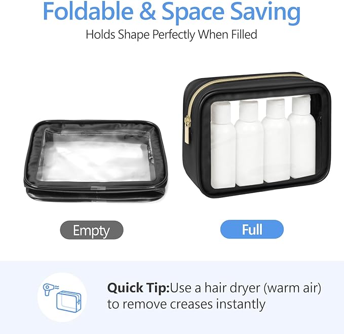 PACKISM Clear Makeup Bag Travel- 3 Pack TSA Approved Toiletry Bag, Black