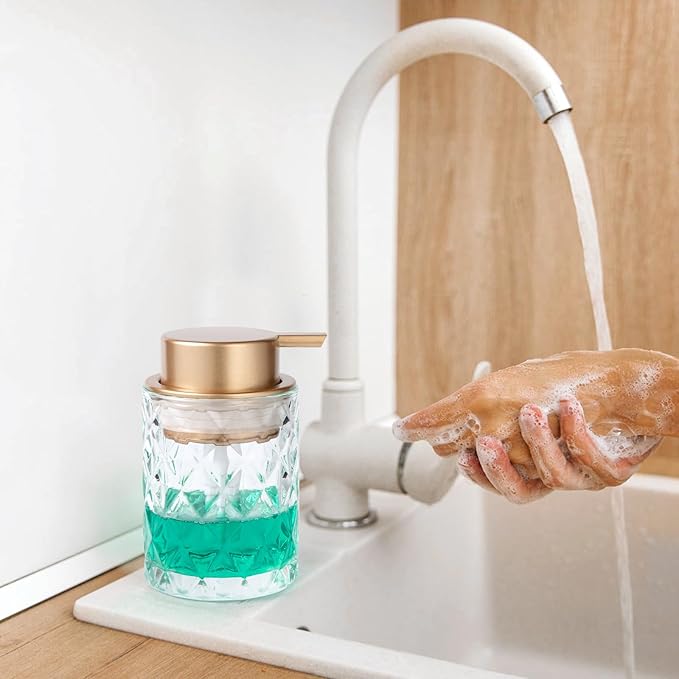 Bathroom Glass Soap Dispenser with Durable Rust-Proof Plastic Liquid Pump Hand Lotion Dispenser Antislip Shampoo Kitchen 10oz 2 Pack