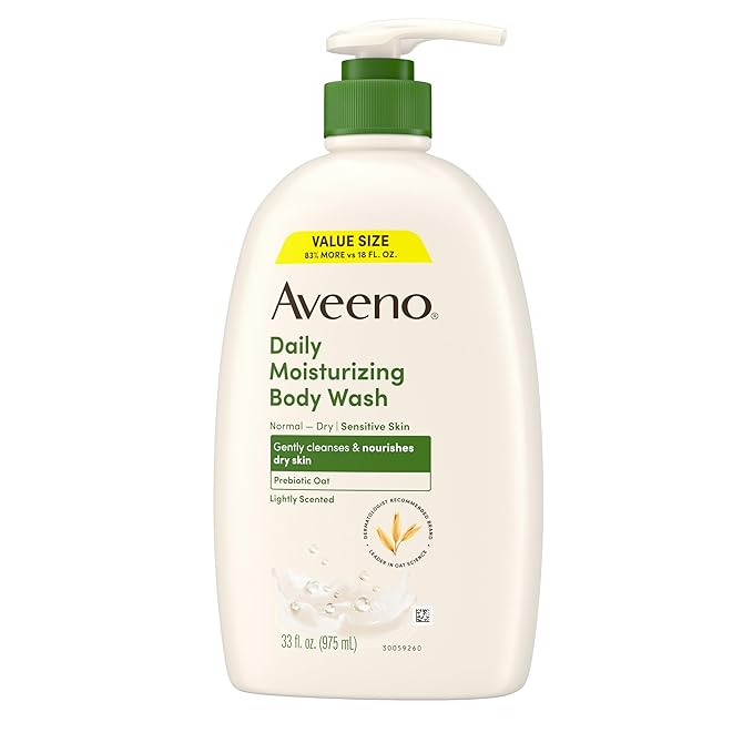 Aveeno Daily Moisturizing Body Wash for Normal to Dry Skin, Sensitive Formula with Prebiotic Oat, Gently Cleanses Dry Skin, Lightly Scented Body Wash for Women and Men, Value Size 33 fl. Oz