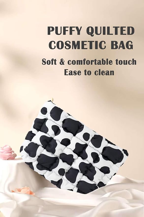 HFLZBRO Puffy Quilted Makeup Bag, Cosmetic Bag, Travel Toiletry Organizer Pouch, Clutch for Women (Cow Print)