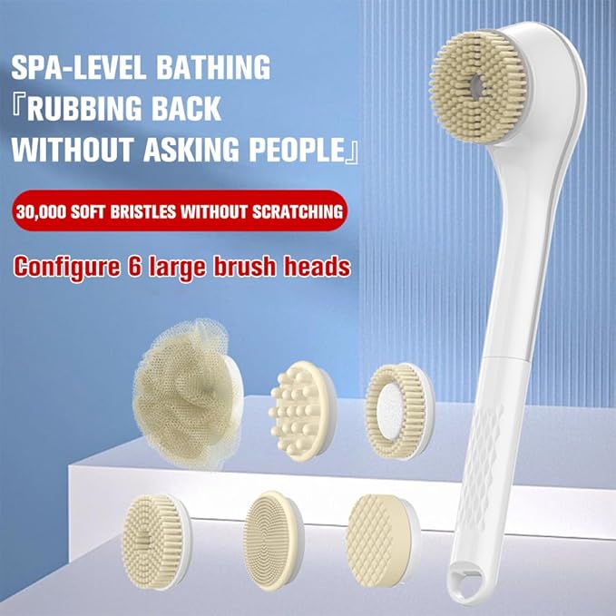 Electric Body Brush Set, Electric Body Brush for Shower, exfoliating Bath Brush with Long Handle, for Shower Lotion applicator, Back Silicone Body Scrub, with 6 Shower Brush Heads (White)
