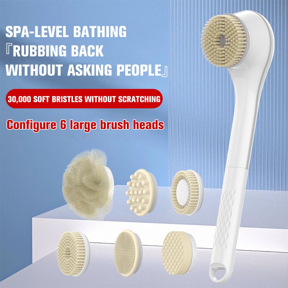 Electric Body Brush Set, Electric Body Brush for Shower, exfoliating Bath Brush with Long Handle, for Shower Lotion applicator, Back Silicone Body Scrub, with 6 Shower Brush Heads (White)