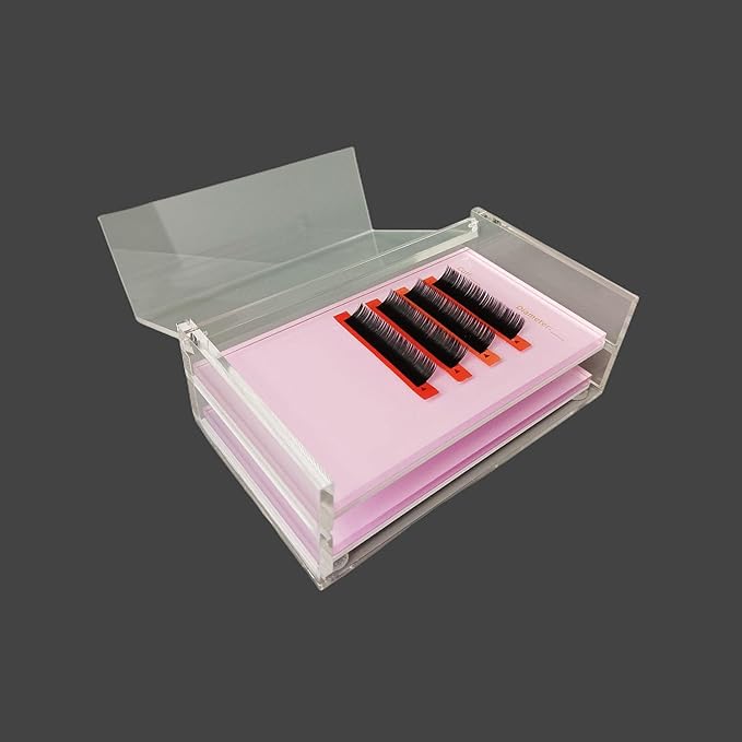 Two Layers Eyelash Grafting Pallet with Cover, Dust-proof Acrylic Lash Tile holder, Eyelash Extensions Storage Gasket Pads 2 Tiers for Beginners Beauty Artist Salon (Pink)