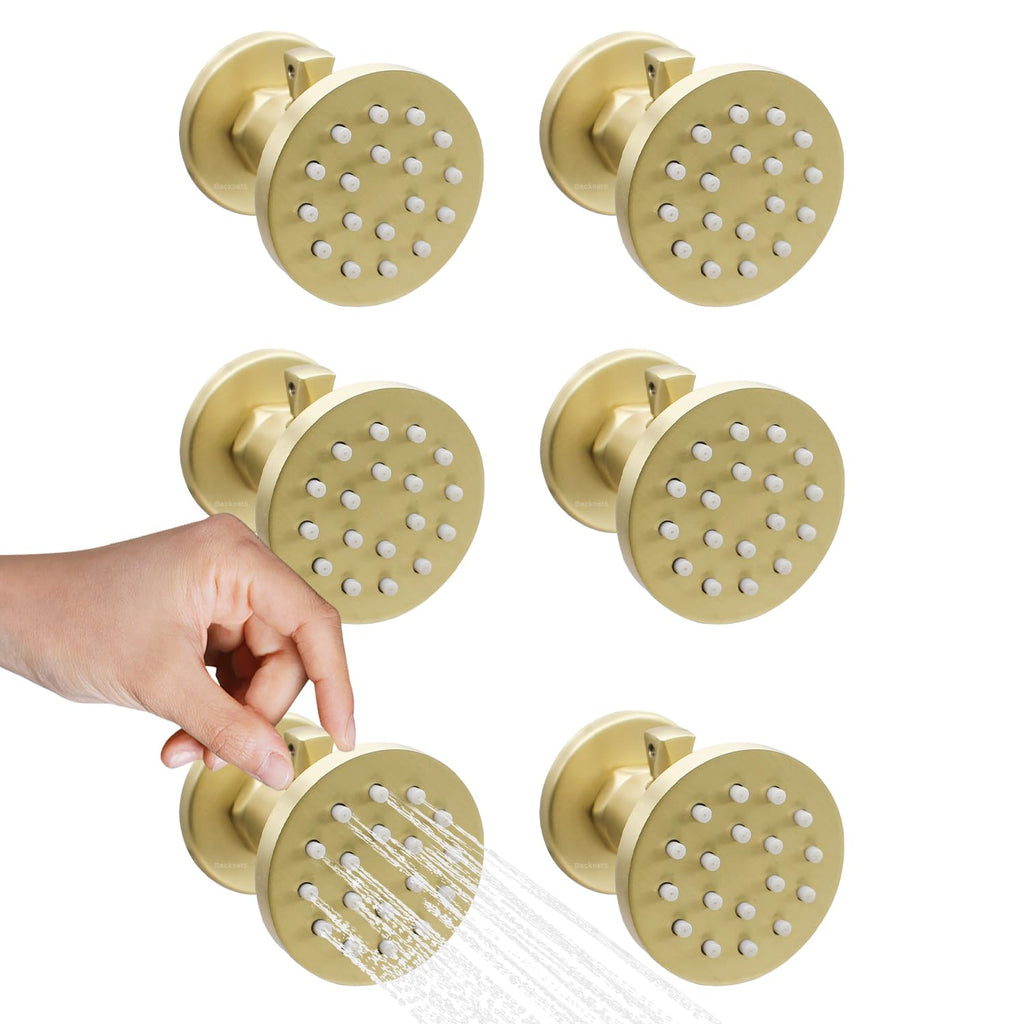 (Upgrade) Solid Brass Shower Jets with On Off Switch Brushed Gold Round Shower Body Sprays Massage Wall Jets Rotating Showerhead Body Sprayers Adjustable, NPT 1/2”