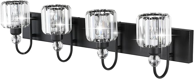 Ralbay Modern Black Vanity Light - 4-Light Crystal Bathroom Wall Light Fixtures in Matte Black