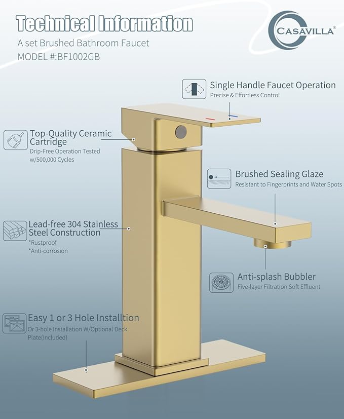 Bathroom Faucet, Brushed Gold Bathroom Sink Faucets & Parts(Pop-up Drain+6" Escutcheon Plate+Supply Hoses), Vanity Faucet for Vessel Sink, llaves para lavamanos de baño