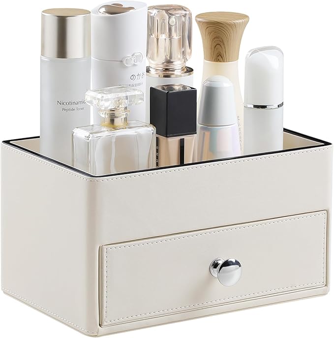 MEIBOOCH PU Leather Desk Organizer with Drawer, Multifunctional Nightstand Organizer, Waterproof Makeup Organizer for Vanity Bathroom Countertop Bedside Table (Beige)