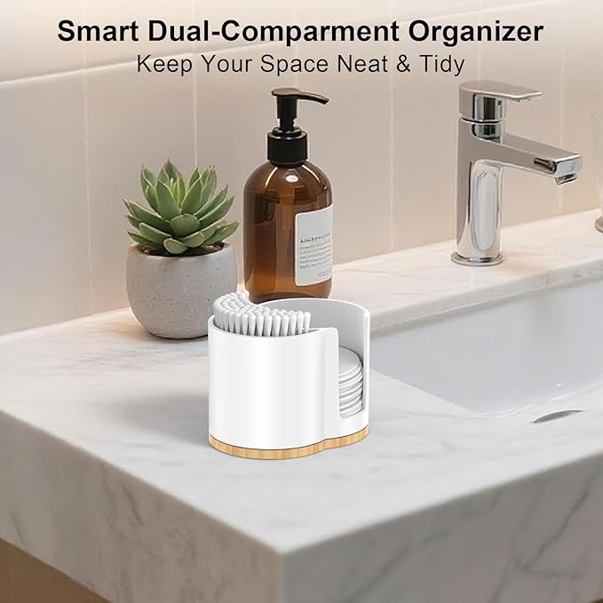 PENGARO Cotton Pad and Swab Holder, Q tip Holder Round Cotton Pad Dispenser Plastic Cotton Swabs Dispenser, Bathroom Accessories Storage Organizer for Cotton Pads Floss Picks, White