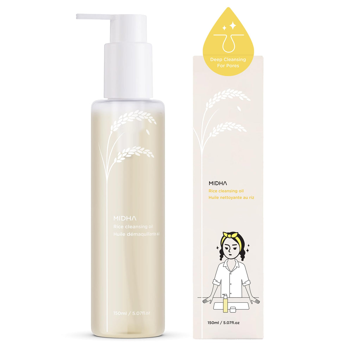 MIDHA Rice Bran Cleansing Oil, Gentle Makeup Remover for Face, Deep Pore Cleanser, Sebum Control, Hydrating Facial Cleanser, Safe for All Skin Types, Korean Skin Care, 6.76 fl. Oz