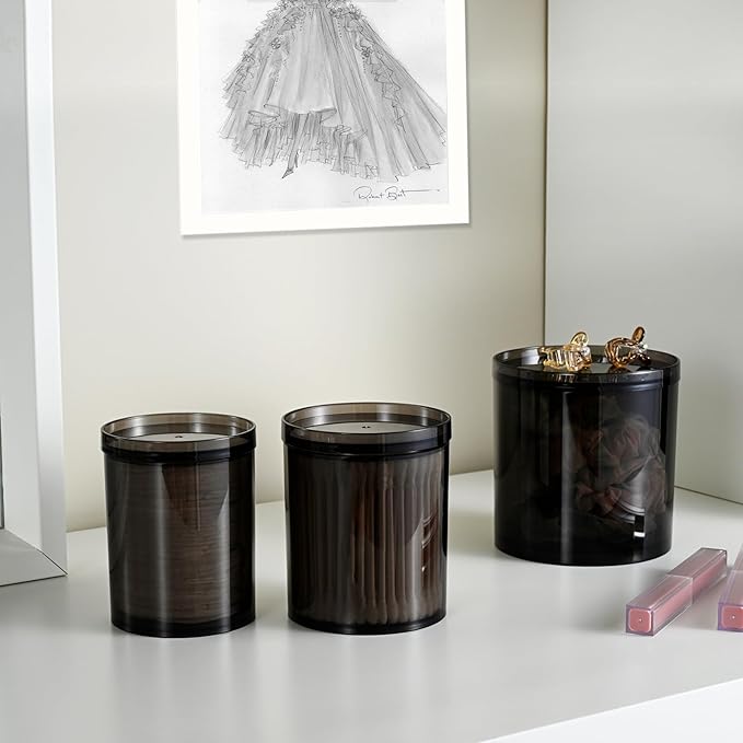 SheeChung 3-Pack Stackable Black Qtip Holder Set - (10/12/20oz) Mixed Sizes Apothecary Jars with Storage Lids - Modern Bathroom Vanity Organizer for Cotton Swabs, Balls, Pads - Translucent Black