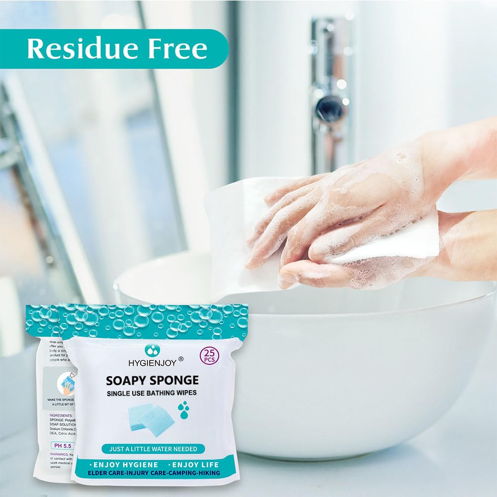 HYGIENJOY-Rinse Free Bath Sponges No Rinse Bathing Wipes(25 Counts)-No Residue Shower Wipes,Soap Infused,Lather,For the Elderly,Bedridden,Campers,Hikers,Post Surgery Must Haves