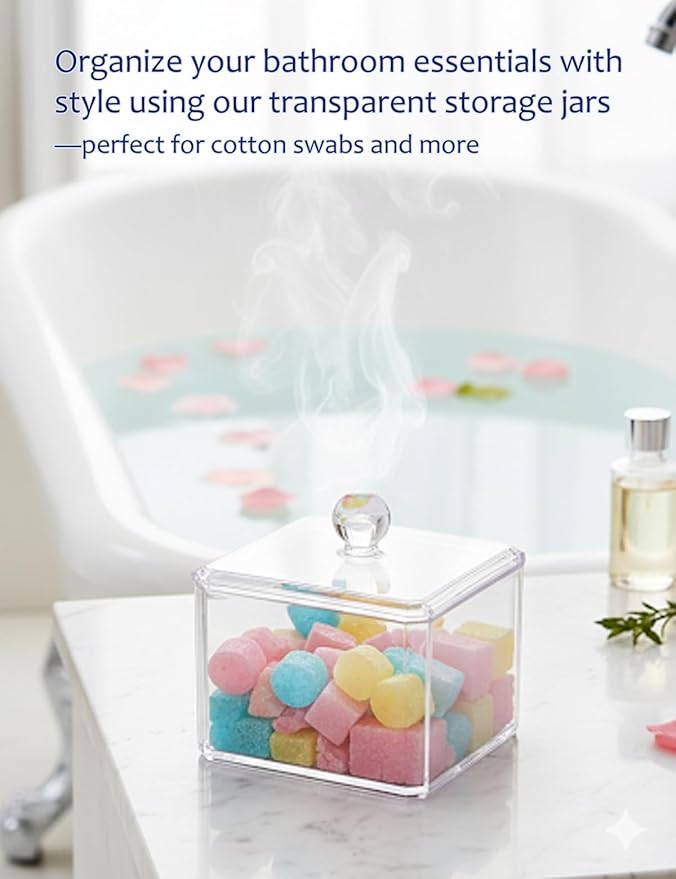VIPTUVI Cotton Swab Holder with Clear Lid, Single Layer Plastic Apothecary Jar for Bathroom Vanity, Cotton Ball Container & Floss Pick Organizer, Dispenser for Hair Tie & Cotton Rounds.