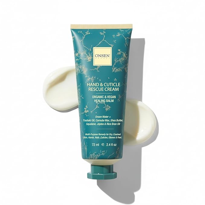 Onsen Hand & Cuticle Rescue Cream | Organic Nail Strengthener & Balm | Dry, Cracked Hands, Elbows & Feet | Shea Butter, Tsubaki & Jojoba Oil | Nail Repair & Growth, Vegan - 1 Pack (2.4 fl. oz)