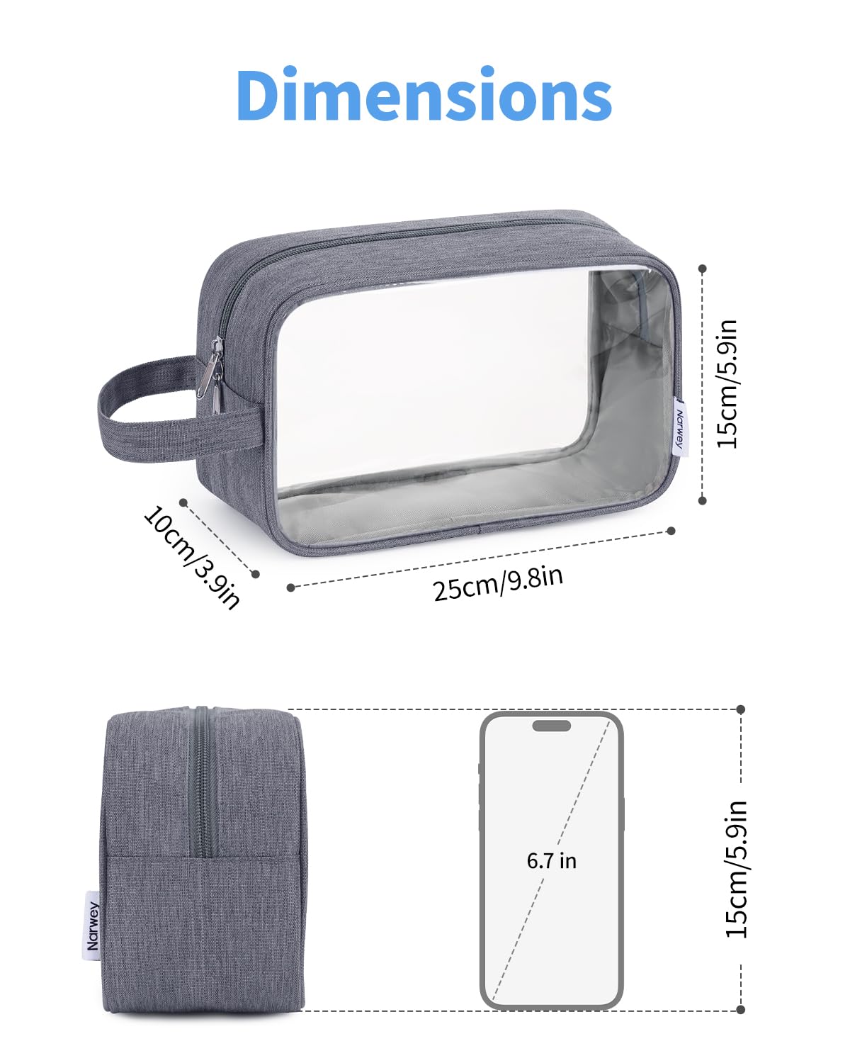 Narwey Clear Travel Toiletry Bags for Traveling Toiletries Men Women, Clear Makeup Bag Cosmetic Bag with Zipper, Make Up Pouch Organizer Bag with Handle, Skincare Beach Snack Medicine Bag, Grey