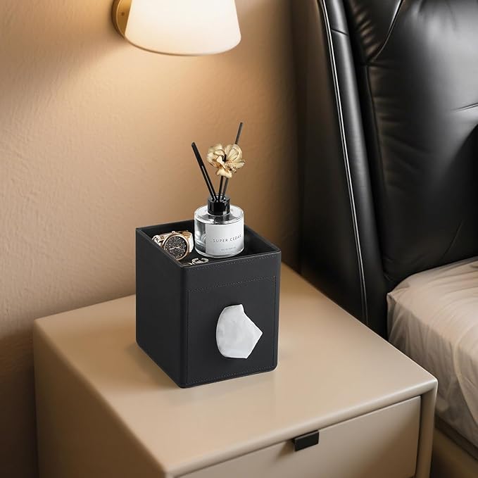 Cretkhp Tissue Box Cover, PU Leather Square Tissue Box Holder with Storage Tray for Bathroom Vanity Countertop Night Stands Bedroom Office Desk, Stylish Tissue Holder Decorative Organizer (Black)