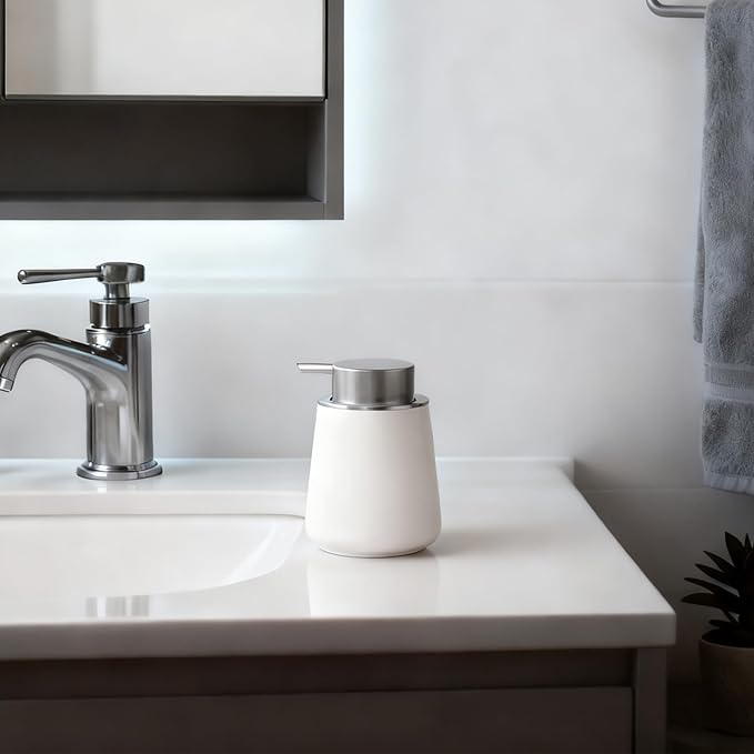 AZMOYAC Foaming Soap Dispenser - 12 Oz White Ceramic Foam Hand Soap Dispenser for Bathroom, Face Wash Dispenser Bottle with Silvery Foaming Pump, Matte Lotion Dish Dispenser Refillable for Kitchen