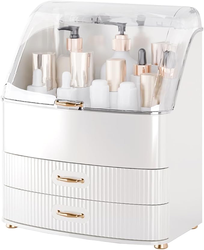 Plukers Makeup Organizer Countertop Vanity with Transparent Lid Drawers Waterproof Dustproof Cosmetic Skincare Bathroom Storage Gift for Women Teens Girls (White)