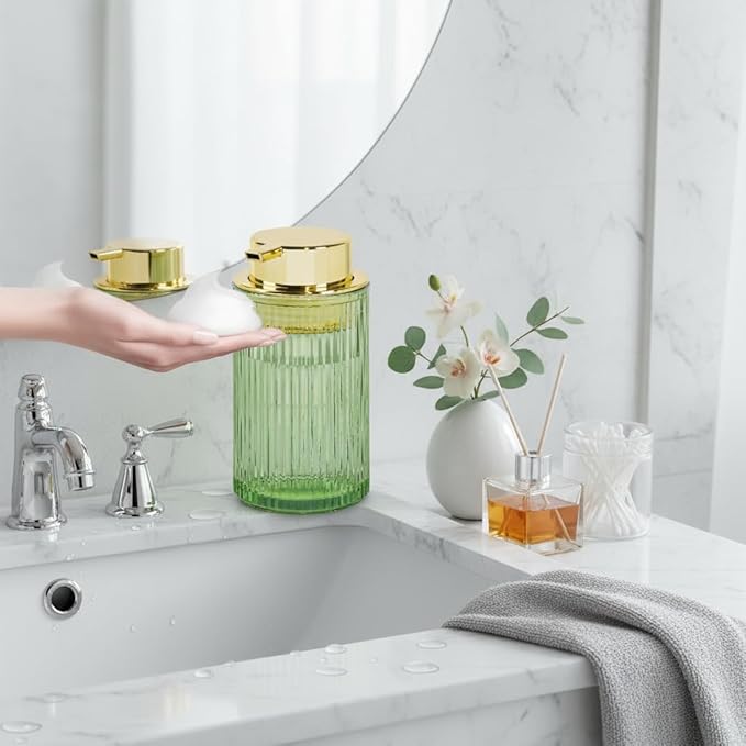 Tonxus Foaming Soap Dispenser, Bathroom Green Glass Foam Soap Dispenser, Refillable 12 Oz Foam Pump Bottle Container with Gold Pump, Decorative Slim Ribbed Dish Soap Dispenser for Kitchen