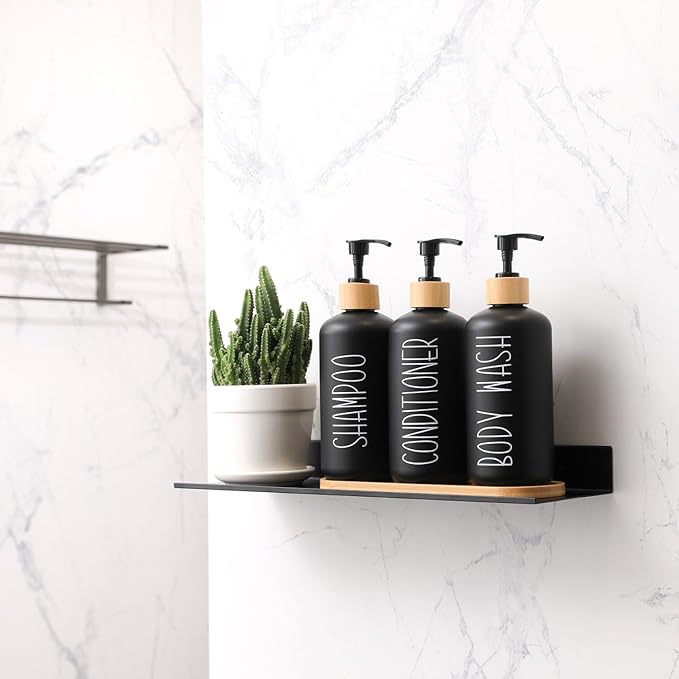 MOMEEMO Black Shower Soap Dispenser Set, Contains 3 Extra-Thick PET Plastic Bottles with Bamboo Pumps, Shampoo Bottles Refillable with Pump Perfect for Guest Room Must Haves. (Black)