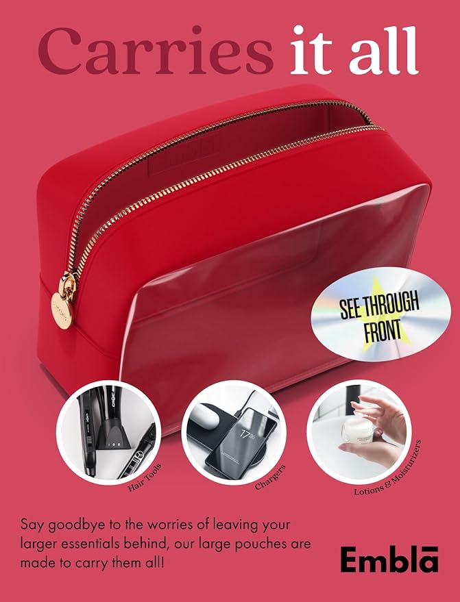 Embla Clear Cosmetic Bag Makeup Case, Clear Zipper Make Up Pouch and Toiletry Travel Tote, Cute Skincare Pouches for Women Girls, Preppy Purse Cosmetic Organizer, Large Makeup Bags, Ruby Red