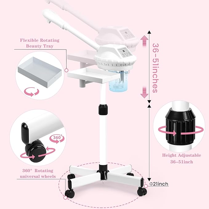 Facial Steamer Professional, Facial Steamer on Wheels, Ozone Face Steamer with More Steam for Deep Cleansing and Hydration, Estheticians Steamer for Beauty, Spa and Home Use（White）