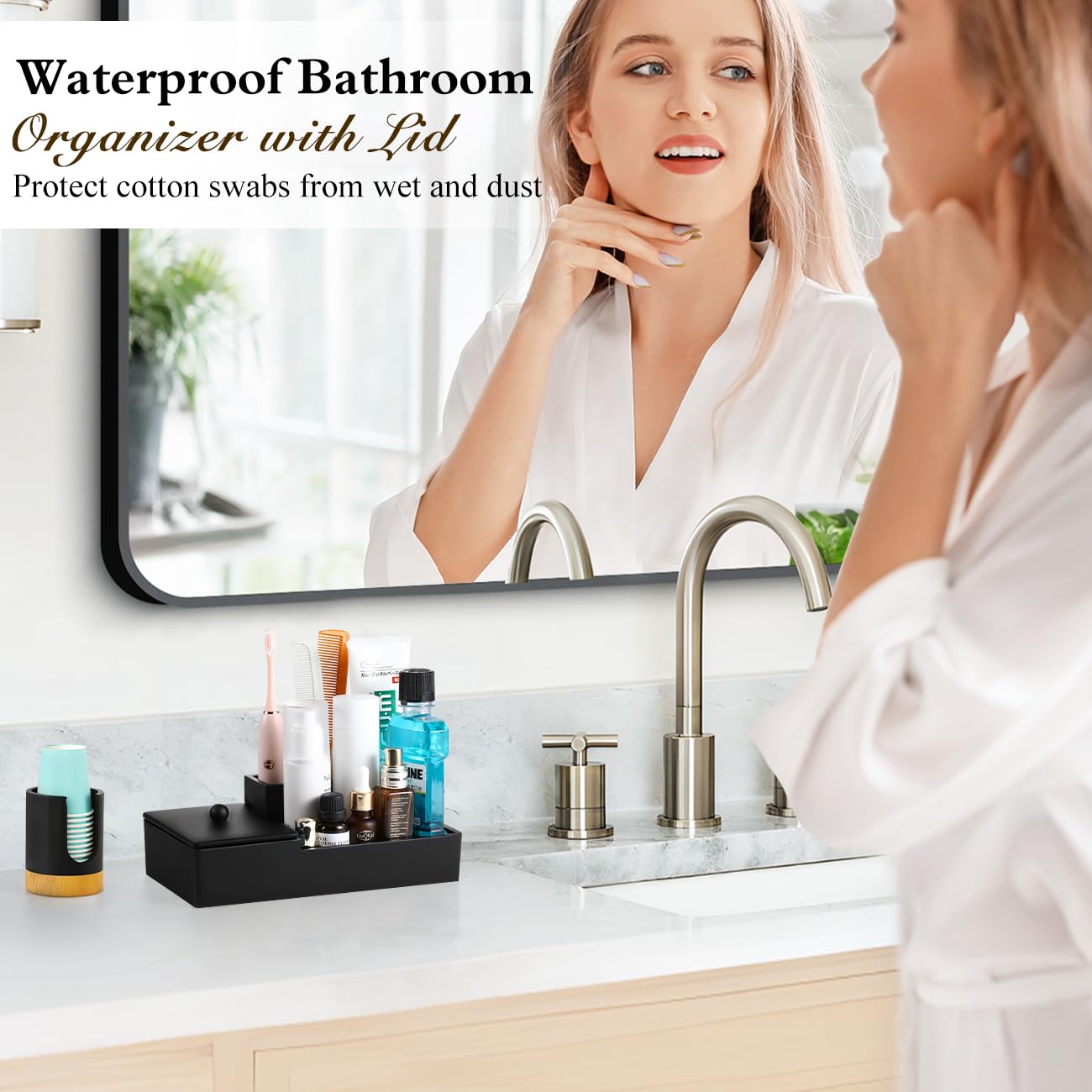 Luxspire Bathroom Counter Organizer, Marble Toothbrush Holder for Bathroom 6 Slot, Bathroom Vanity Organizer with Lid, Bathroom Organizer Countertop for Cotton Ball, Q-Tips, Floss, Matte Black