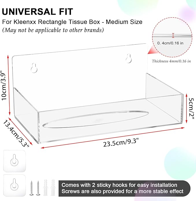 Acrylic Tissue Holder Wall Mounted, Clear Tissue Dispenser with Self Adhesive Hook and Screws, Classic Tissue Box Cover Tissues Organizer for Bathroom Toilet Kitchen Cabinet RV (Rectangular)