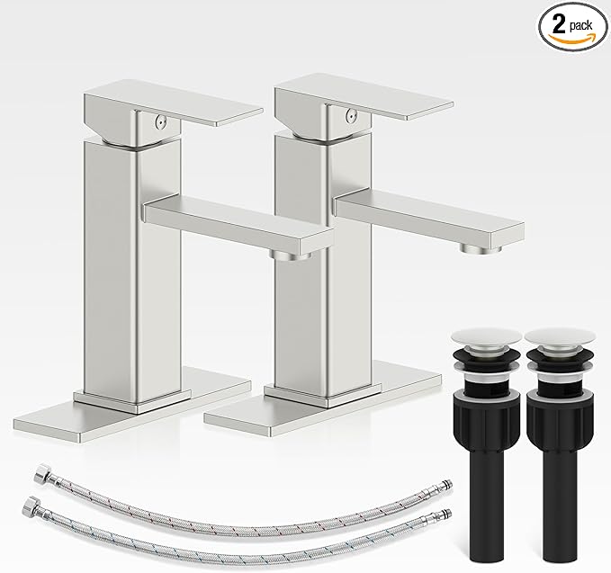 Bathroom Faucet-2 Sets, Brushed Bathroom Sink Faucets with Pop-up Drain and 6 Inch Deck Plate, Single Handle Modern Farmhouse RV Vanity Faucet for Vessel Sink (1~3 Holes)