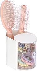 GUSHBIN Hair Accessories Organizer with Hair Brush Holder Rotating Makeup Storage Container Plastic Desktop Storage Organizer for Hair Clip Tie, 2-Layer White