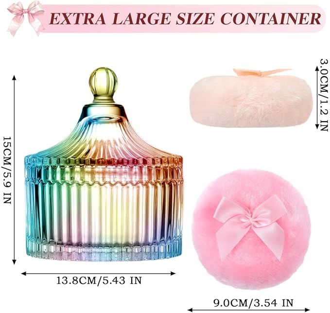 HUGOMOVA 5 Pcs Extra Large Body Powder Puff and Container Set – 5.43" Oversize Crystal Powder Container | 3.54" Ultra-Soft Velour Puff, Washable & Reusable, Ideal for Face (Colorful)