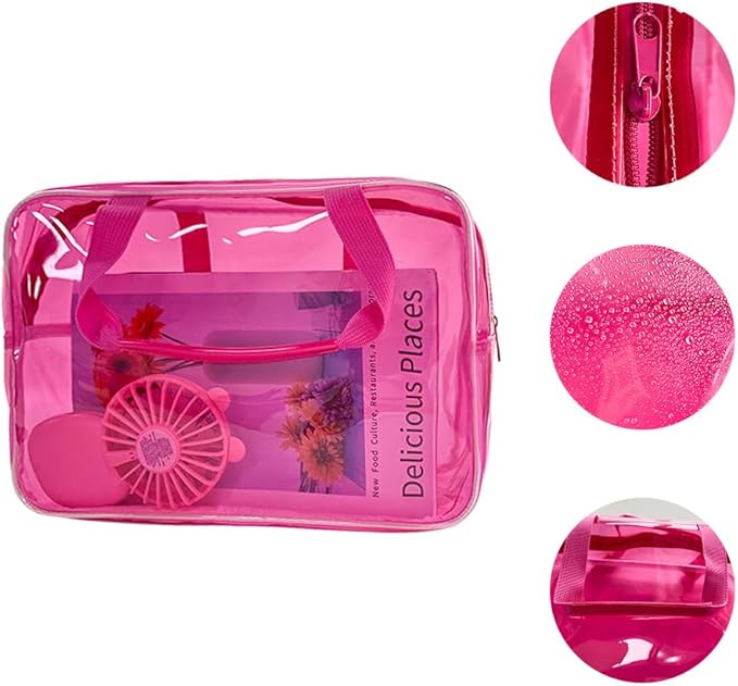 TotePrint PVC Clear Pure Color Transparent Large Zipper Cosmetic Pouch Travel Makeup Cosmetic Bag with Handle for Travel Bathroom Toiletry Organizer (Hot Pink)