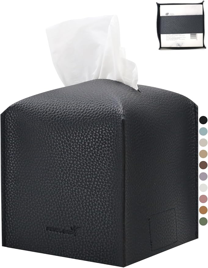 PENGLONG Tissue Box Cover 5X5X5'' PU Leather Tissue Holder Square Tissue Cube Box Organizer for Bathroom Vanity Countertop, Car, Night Stands, Office, Home, Kitchen (1Pack, Black)
