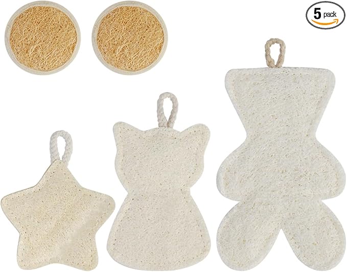 5PCS Natural Loofah Exfoliating Face Scrubber Exfoliating Facial Scrub Pads Made from Organic Luffa Biodegradable Shower loofa Sponge Massage Pores and Cleansing Blackheads for Women Men
